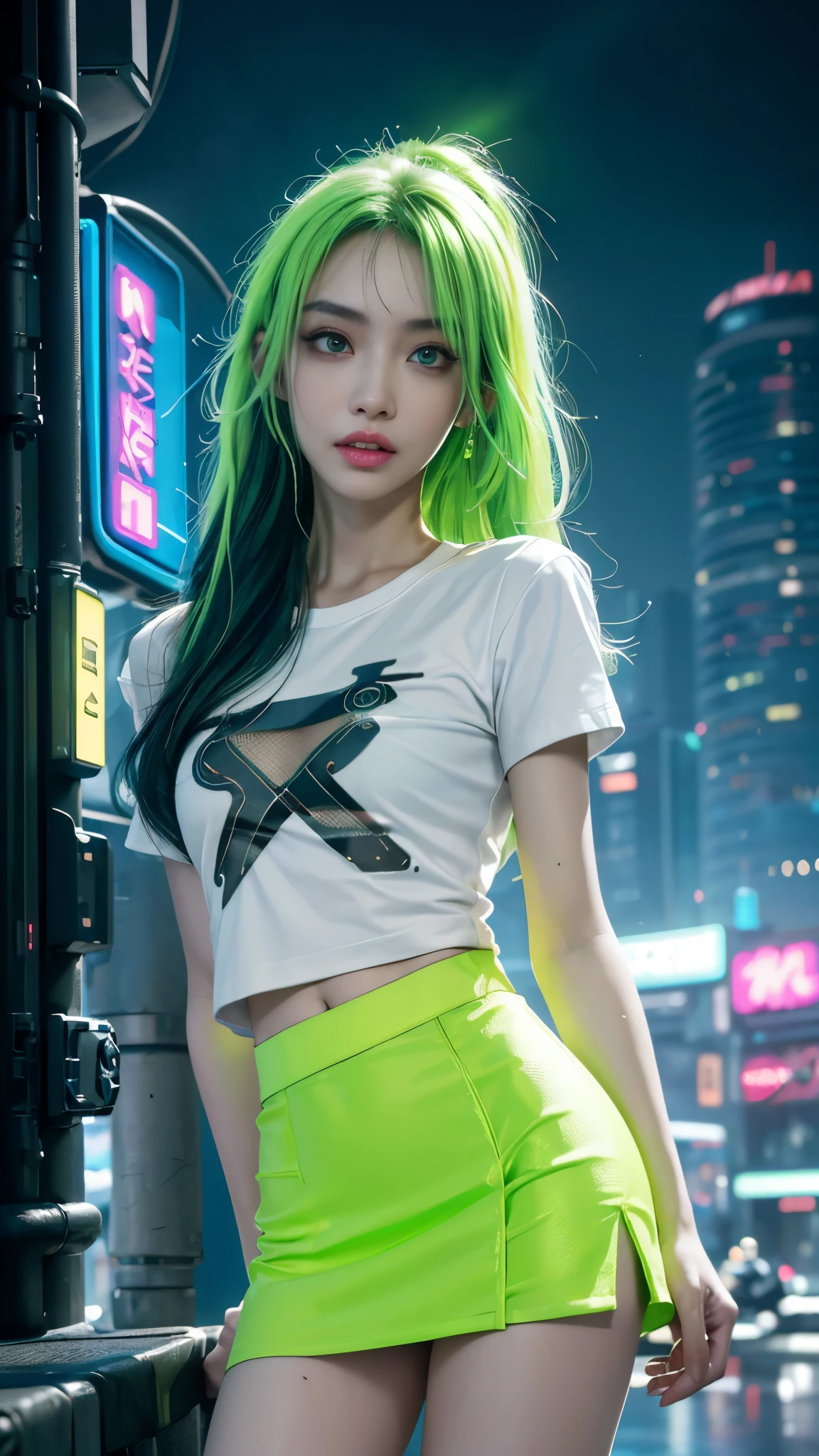 8k, UHD, masterpiece, 1 girl, ((good face)), very long hair, light makeup, (white skin:1.2), detailed eyes, detailed lips, small bust, simple cyberpunk clothing, ((neon green t-shirt)), ((neon mini skirt)), (cyberpunk lighting:1.4), ((building)), light effect, light reflection, cyberpunk, cybercity, futuristic, (night), ray tracing, bloom, perfect pose,