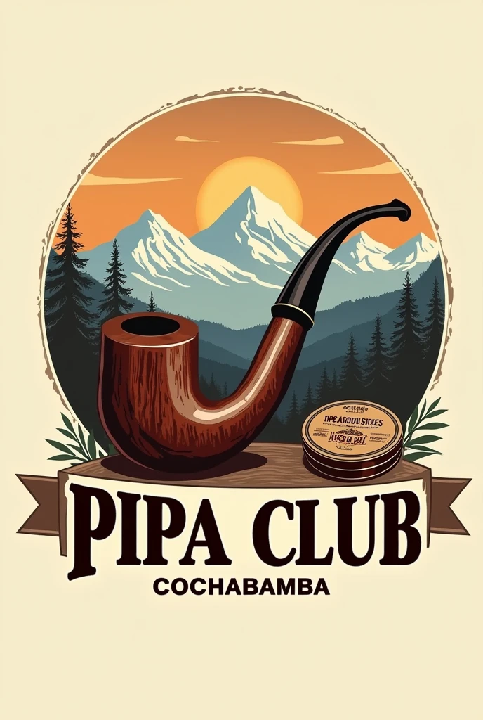 logo for the Pipa Club Cochabamba.  must have at least one image of a smoking pipe.  In the background there may be mountains, in the contours an image of tobacco can.
