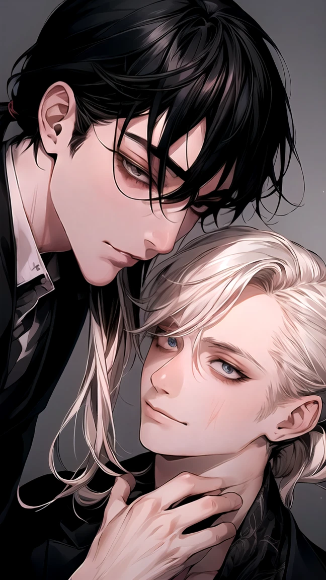 (Masterpiece), (High Quality), Very detailed, (( Threesome guy)), Perfect Face, Beautiful Face, Very detail, (short Black-haired man), (long ponytail blonde-haired man), (mid dark-haired man)、white shirt, open shirt and black suit, yaoi, stained blood, long eyelashes, shining, effection, open shirt, teased, 