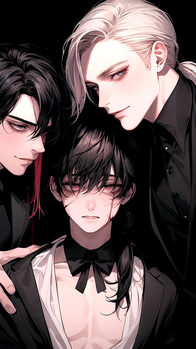 (Masterpiece), (High Quality), Very detailed, (( Threesome guy)), Perfect Face, Beautiful Face, Very detail, (short Black-haired man), (long ponytail blonde-haired man), (mid dark-haired man)、white shirt, open shirt and black suit, yaoi, stained blood, long eyelashes, shining, effection, open shirt, teased,