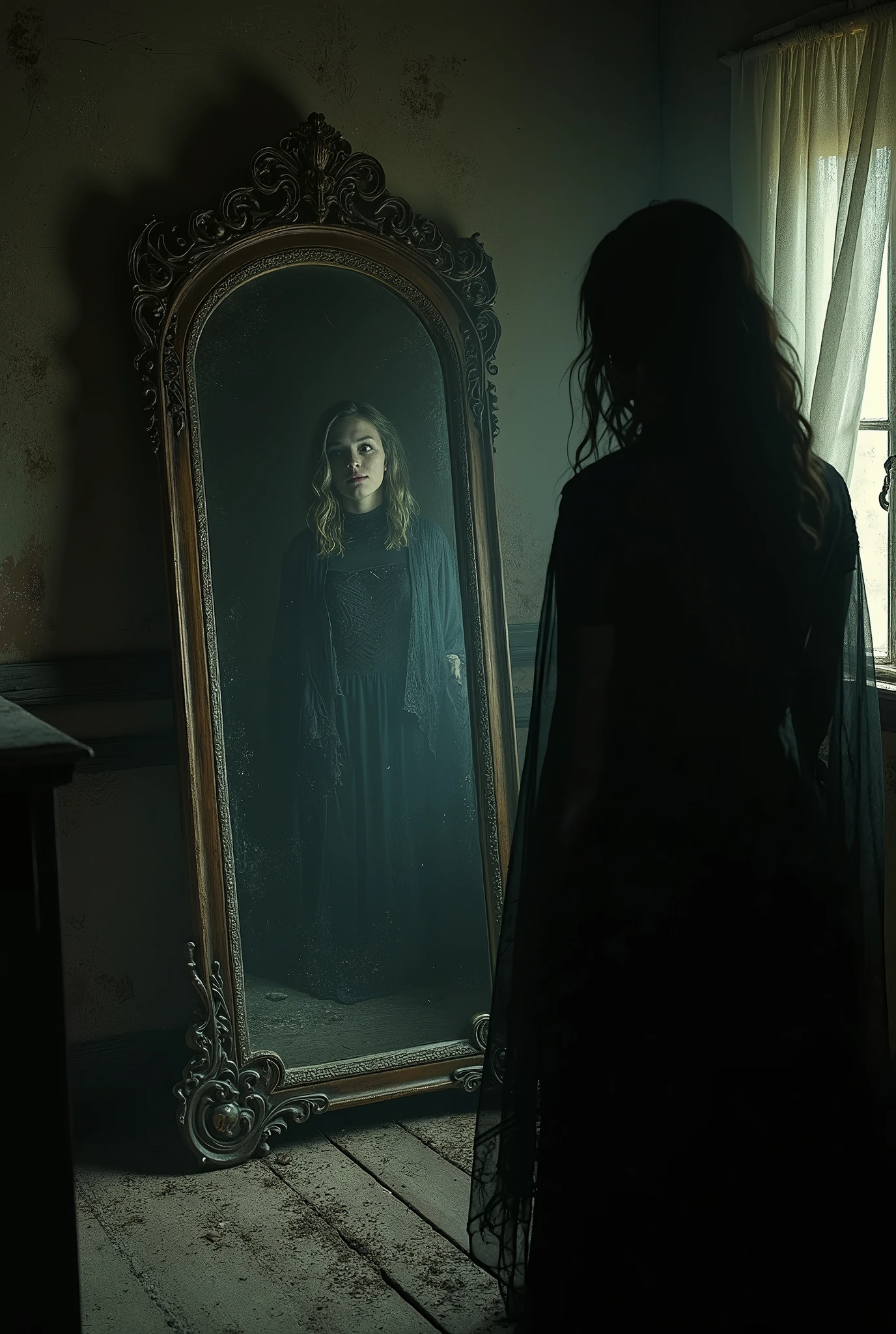 A young woman, Emily, finds an ancient mirror, covered with a tattered cloth. When she removes the cloth, the mirror reflects not just her image but a dark, shadowy figure standing behind her. She spins around, but nothing is there. The figure in the mirror grins wickedly, and Emily realizes she has awakened something malevolent.