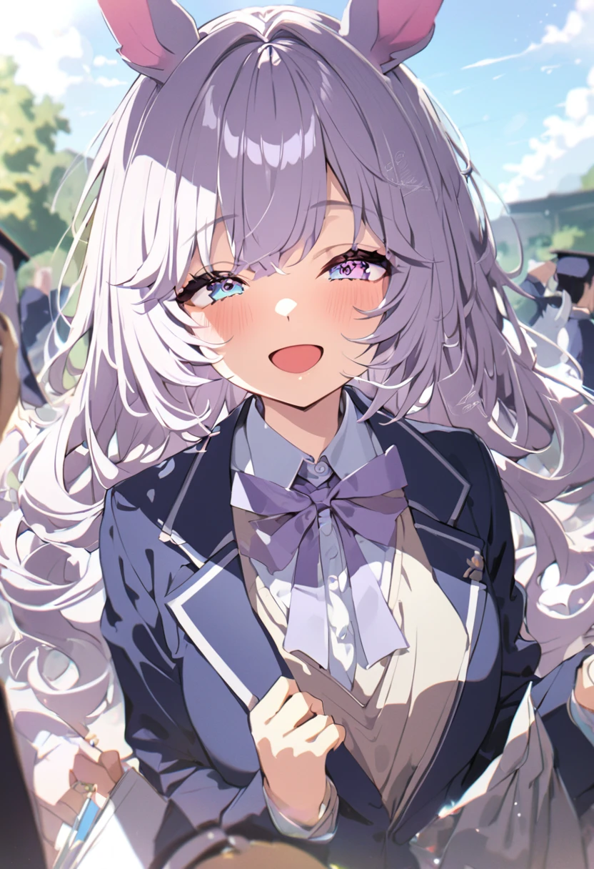 Super fine illustrations、{{solo umamusume}}、{pretty girl}、cowboy shot, (no hat:1.5)、beautiful hair、{silver color hair}、{medium hair}、wavy hair,horse ears、horse tail {blue color eyes}、beautiful eyes、one eye closed、{school uniform}, {blazer}、smile、lushing cheeks、open mouth、cherry blossom sky、{Graduation ceremony}、{masterpiece}、{ultra quality}、{beautiful detailed eyes}、{beautiful detailed glow},