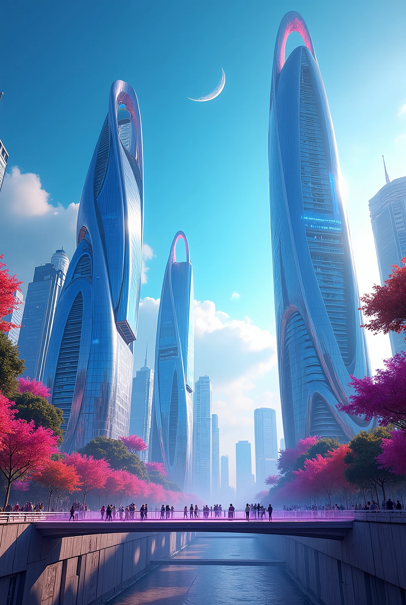 A futuristic cityscape 100 years from now, set against a vibrant blue sky with a hint of neon hues, depicting towering skyscrapers with sleek, curved lines and iridescent exteriors that shimmer in the light, their rooftops hiding verdant gardens and avant-garde architectural features, while flying cars and hyperloops zoom by, leaving trails of light and energy, and pedestrians of diverse skin tones and styles, with faces aglow from augmented reality contact lenses, stroll along elevated walkways lined with holographic advertisements and virtual graffiti, under a canopy of glowing, ethereal trees that seem to defy gravity, with subtle fog and mist effects adding depth and atmosphere to the scene, all framed by a subtle crescent moon hanging low in the sky.