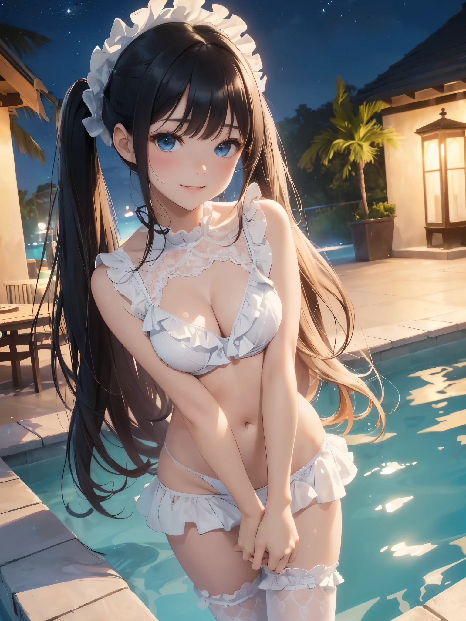 ((masterpiece)), ((highest quality、Ultra high definition)), (Very detailed),((8k、Photo quality))、((Amazingly cute girl))、(,)、Two people, , (Beautiful emerald blue eyes), ((smile)),In the open-air bath overlooking the sea, Beautifully arranged black hair in twin tails、Slim Body、(Cute little breasts)、((A very cute white bikini swimsuit with lots of lace and frills.))、Professional Lighting、(White lace knee-highore detailed and beautiful)、(More details and cutenesore realistic)、((Just wear light clothing))、Frolic in the pool、(Too cute)、(The embodiment of cuteness)、(Godly cuteness)、((Night view))、