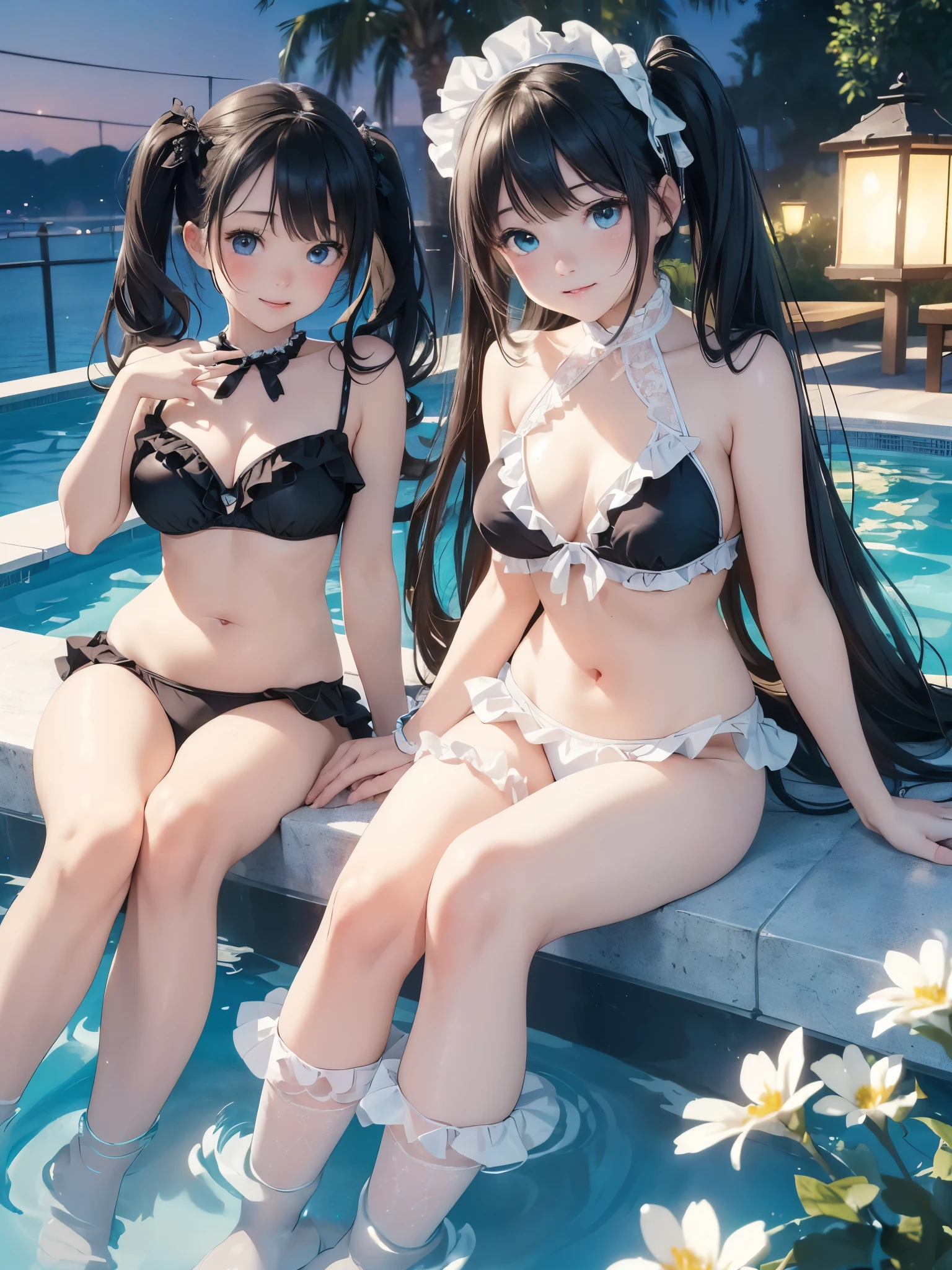 ((masterpiece)), ((highest quality、Ultra high definition)), (Very detailed),((8k、Photo quality))、((Amazingly cute girl))、(-yeld gi)、Two people, , (Beautiful emerald blue eyes), ((smile)),In the open-air bath overlooking the sea, Beautifully arranged black hair in twin tails、Slim Body、(Cute little breasts)、((A very cute white bikini swimsuit with lots of lace and frills.))、Professional Lighting、(White lace knee-highore detailed and beautiful)、(More details and cutenesore realistic)、((Just wear light clothing))、Frolic in the pool、(Too cute)、(The embodiment of cuteness)、(Godly cuteness)、((Night view))、