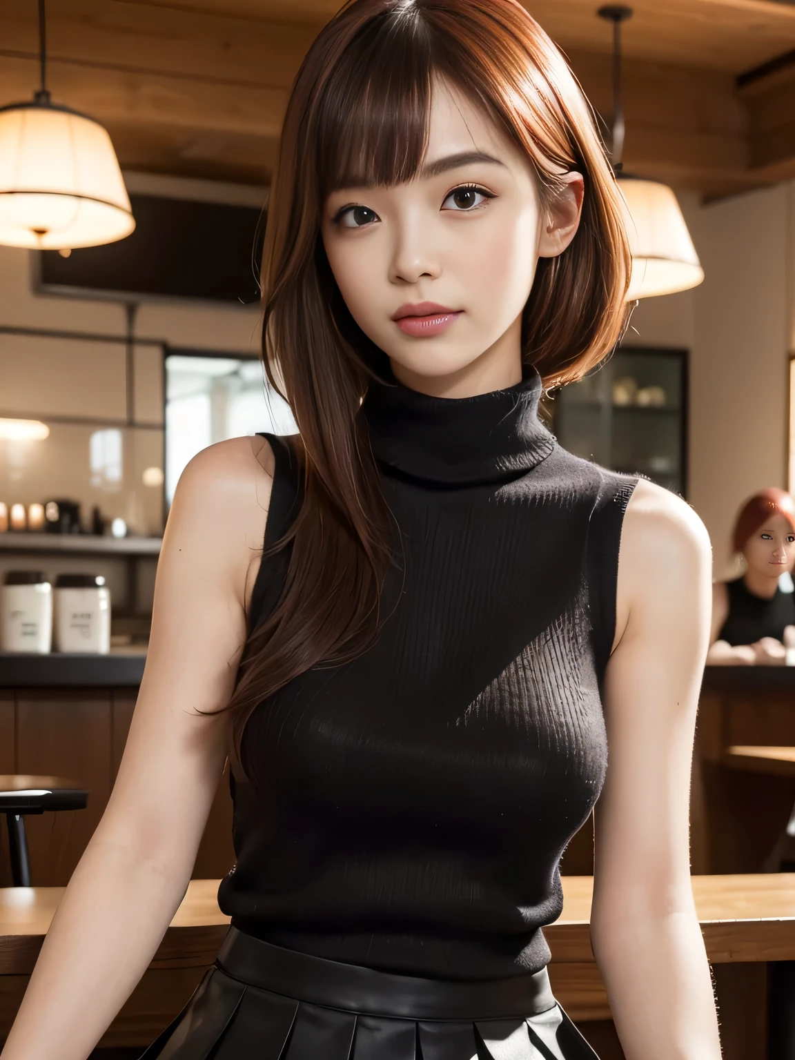 (Masterpiece:1.3), high resolution, Ultra detailed, Extremely detailed Cg Unity, 8K wallpaper, Realistic, photo-realistic, RAW photo, Beautiful detailed face, Pale skin, realistic glittering skin, Detailed cloth texture, Detailed hair texture, Perfect body, Beautiful face, Accurate, Anatomically correct, Highly detailed face and skin texture,
Detailed eyes, symetrical eyes, Light brown eyes, Double eyelids, Thin eyebrows, (Sexy lips:1.3), (Glossy lips:1.4),
(Elegant and cute Japanese:1.3), ((Wear a sleeveless turtleneck halterneck sweater:1.3)), (Pleated skirt:1.2), Slender figure, (Slightly opened mouth:1.2), (Smile:1.1), (Red hair, bangs:1.2),
(Sit opposite, in a trendy café:1.2), (focus onface:1.2), (Cowboy shot), view the viewer,