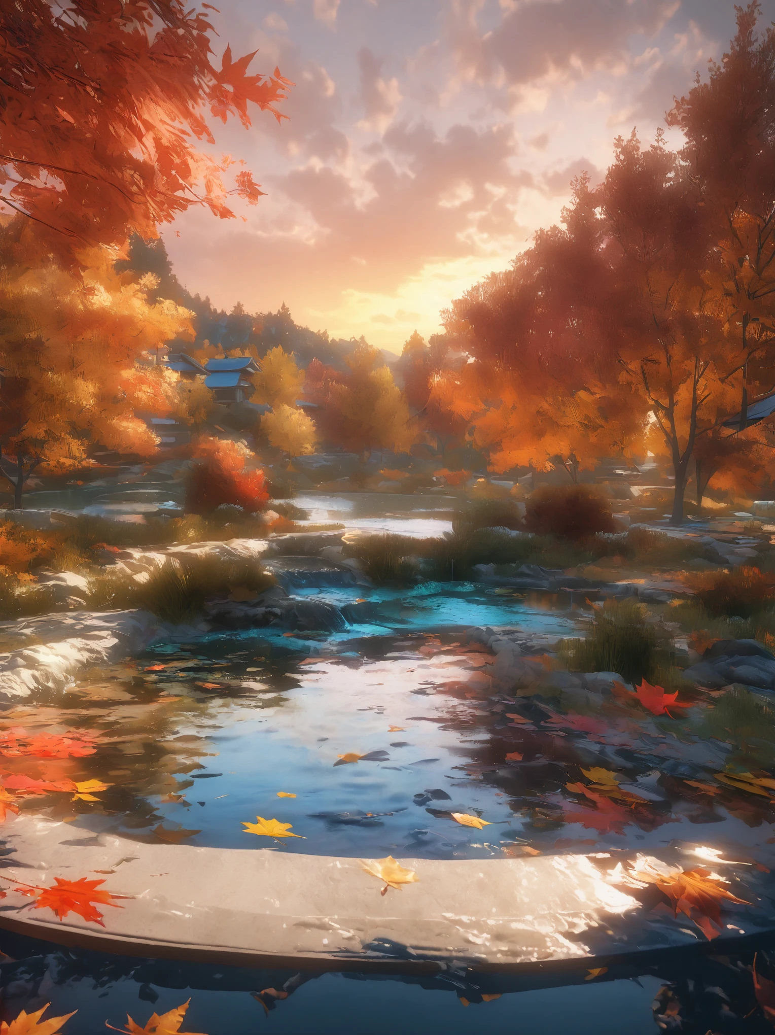 DIY16,best quality, Ultra HD, masterpieces, 8K, Practical, Anime style, 3D Rendering,(Pond in the evening:1.2), (8K, best quality, masterpiece:1.2), (Ultra-high resolution:1.0), Extremely bright design, Soft colors, (ink:1.3), Autumn Lights, High Detail, dramatic, photoPractical painting art