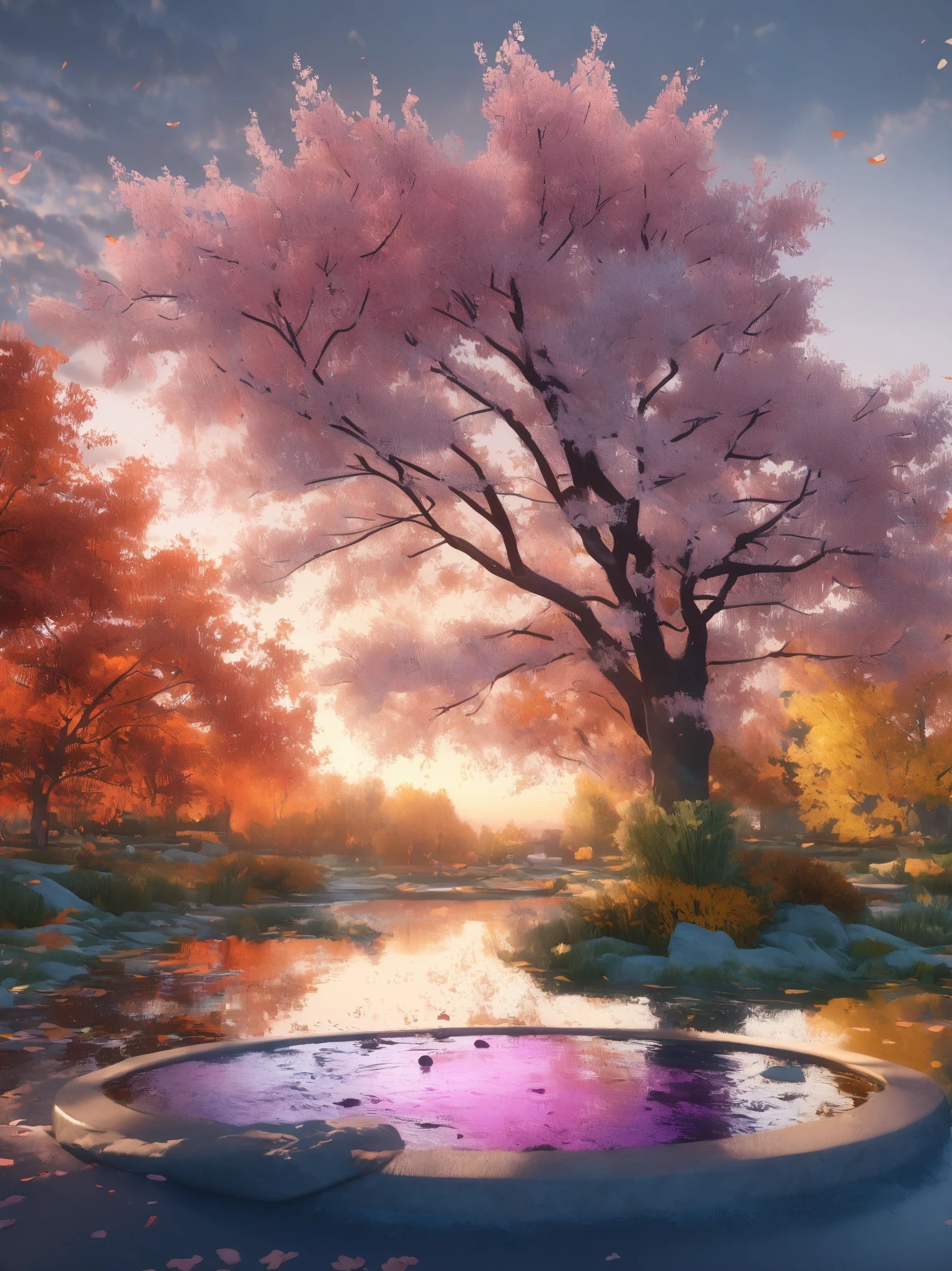 DIY16，best quality, Ultra HD, masterpieces, 8K, Practical, Anime style, 3D Rendering，(Pond in the evening:1.2), (8K, best quality, masterpiece:1.2), (Ultra-high resolution:1.0), Extremely bright design, Soft colors, (ink:1.3), Autumn Lights, High Detail, dramatic, photoPractical painting art
