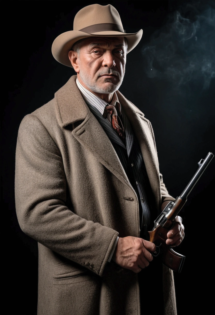 Muscular chubby old man, gangster 50s of the 20th century, mature dad, domineering and sexy sharp stern  face, short beard, wearing only a long open cashmere coat, hat on head and cowboy boots, right hand holding a Thompson submachine gun raised, smoldering cigar in left hand, hairy chest with small protruding nipples, bearish hairy belly, penis, nasty erection, hair on chest and belly stuck to the skin from sweat, dad's pose is repulsive and sexually alluring to him, full body side view, Chicago in the 50s , twilight,(best quality, 4k, 8k, high, masterpiece: 1.2), ultra detailed, ( realistic, photorealistic, photorealistic: 1.37), detailed face, intricate details, cinematic lighting, dramatic lighting, cinematic angle, cinematic pose, dark shadows, dramatic shadows