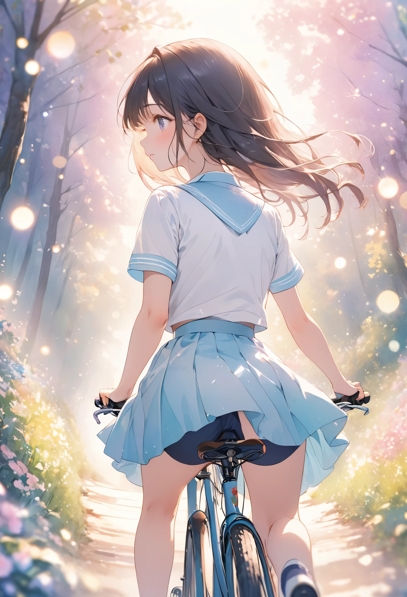 masterpiece, best quality, extremely detailed CG unity 8k wallpaper, Anime illustration of a high school girl riding a bicycle down an amazing downhill slope. wearing a uniform. She is riding a bicycle with her legs spread to the sides. Angle seen from the back of the girl. It is painted in pastel colors and has a very emotional atmosphere. Watercolor. bokeh photography, (soft focus):1.2, out-of-focus highlights, dreamy ambiance, glowing circles, mesmerizing depth, depth of field