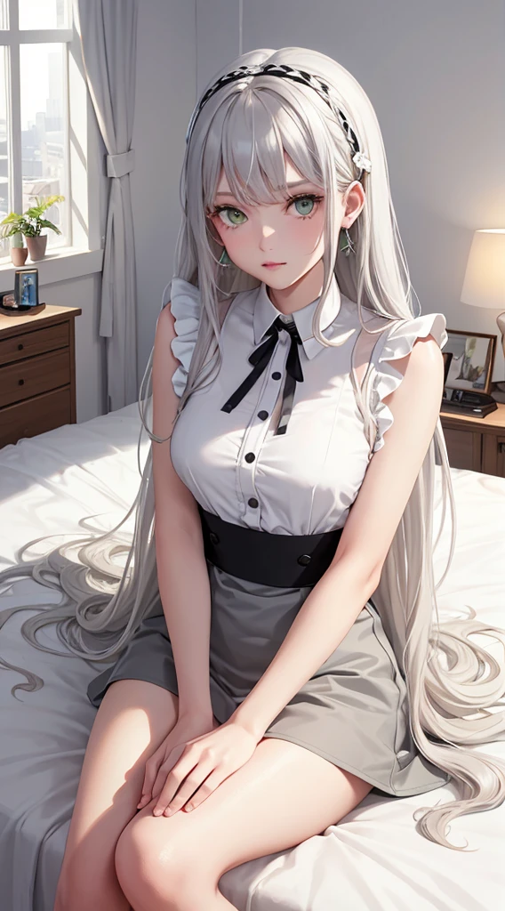 Character Details:, - Gender: 1 Girl.
- Style: Anime, - Body Type: Attractive body, nice body, nice legs, slim tights, nice arms, nice shoulders. - Breast: (medium Breast:1.2)- Facial Feature: Beautiful, Gorgeous, Teenager, Fresh, Young.
- Expression: Small smile, Confident Look, emerald green eyes. - Hairstyle: Blunt Bangs. - Hair Color: (White Grey Hair:1.5), (Straight and Wavy Long Hair:1.3),
- Clothing: (Girly White Shirt, Open Sleeves, Can see shoulder, Girly Skirt:1.6, Stocking.). - Body Pose: (Sitting on bed:1.3), (Hands down).. - Behaviour: Waiting, Want Something, Secretly.
- Accessories: Earrings, thin Black Headband, Green Hair Accessories, Environmental Details:, - Setting: Bed Room., - Lighting: Natural Light., - Decoration: Modern Bed, Chair, Window, White Curtain, City View. Top view. pov, anime style, UHD, retina, masterpiece, accurate, anatomically correct, textured skin.