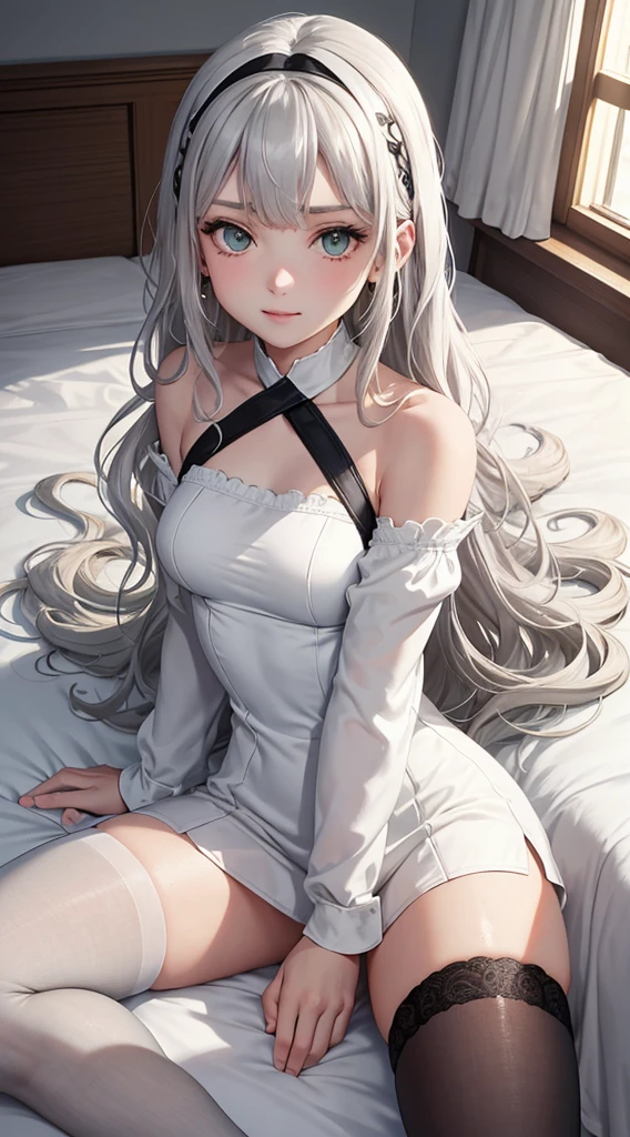 Character Details:, - Gender: 1 Girl.
- Style: Anime, - Body Type: Attractive body, nice body, nice legs, slim tights, nice arms, nice shoulders. - Breast: (medium Breast:1.2)- Facial Feature: Beautiful, Gorgeous, Teenager, Fresh, Young.
- Expression: Small smile, Confident Look, emerald green eyes. - Hairstyle: Blunt Bangs. - Hair Color: (White Grey Hair:1.5), (Straight and Wavy Long Hair:1.3),
- Clothing: (Girly White Shirt, Open Sleeves, Can see shoulder, Girly Skirt:1.6, Stocking.). - Body Pose: (Sitting on bed:1.3), (Hands down).. - Behaviour: Waiting, Want Something, Secretly.
- Accessories: Earrings, thin Black Headband, Green Hair Accessories, Environmental Details:, - Setting: Bed Room., - Lighting: Natural Light., - Decoration: Modern Bed, Chair, Window, White Curtain, City View. Top view. pov, anime style, UHD, retina, masterpiece, accurate, anatomically correct, textured skin.