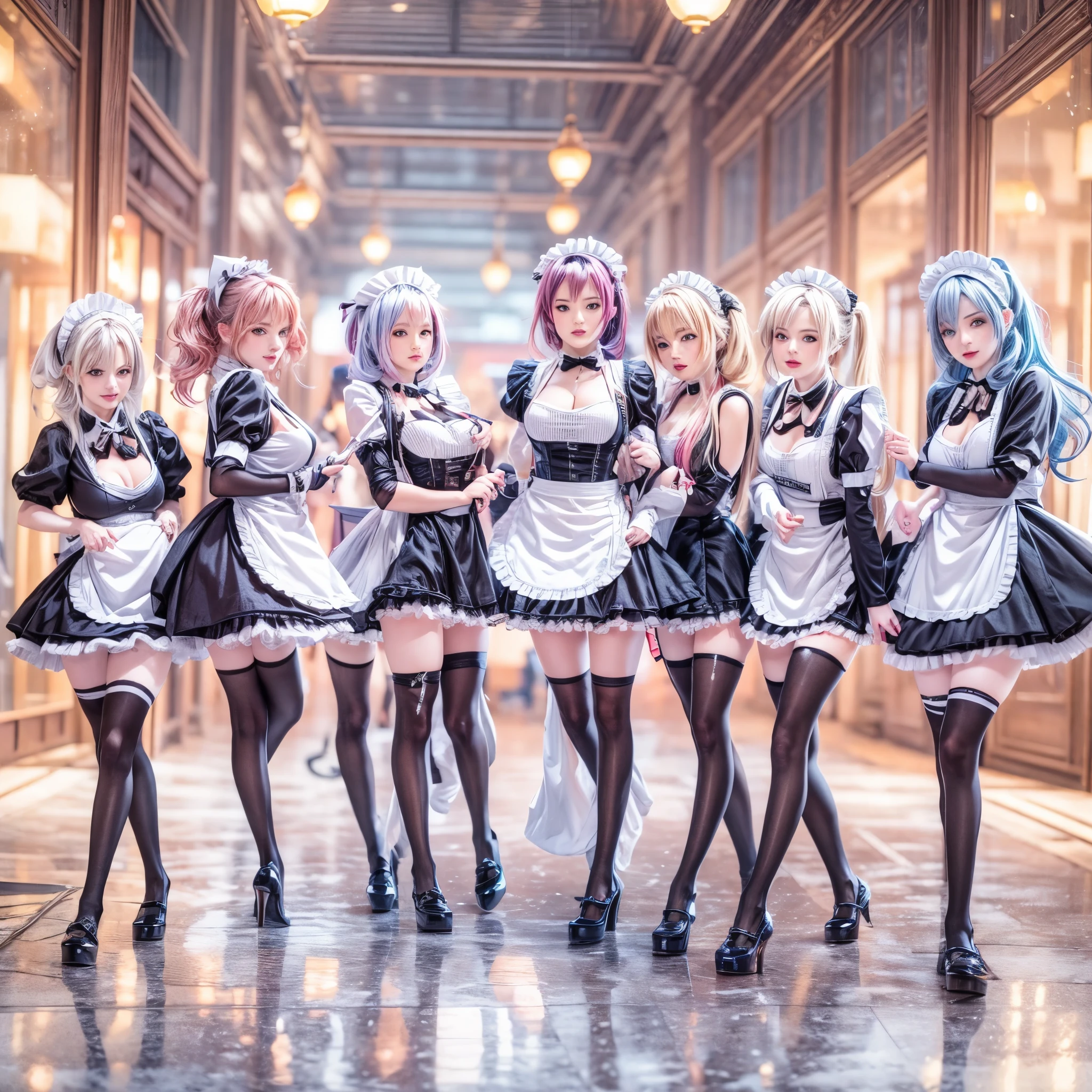 (Full Body of Extremely Detailed((Sexy Maid Group in a row:1.37))), KAWAII perfect face, Reflective Eyes, Detailed(Delicate Clothing textures), Correct Leg Line, Dynamic Joyful Expressions LifeLike Rendering, Specular Reflection, TopQuality 8K Ultra-detailed masterpiece (ProfessionalPhoto:1.37), (Acutance:0.8), (Luminism:1.28), (Renaissance art style), Colorful Light particles, ((Full body from side)), {MicroMini Skirt|Kissing|Breast Lifting|Undressing|Thigh Gap|AssFocus|(NakedApron with Overflowing SideBoob)}, Radiant Fine Skin with Transparency, (Exposed:0.4), (Different types of Anime hair color){Pink Hair|Blue Hair|Platinum Blonde|Pure White Hair|Liquid Hair}, Perfect Lighting