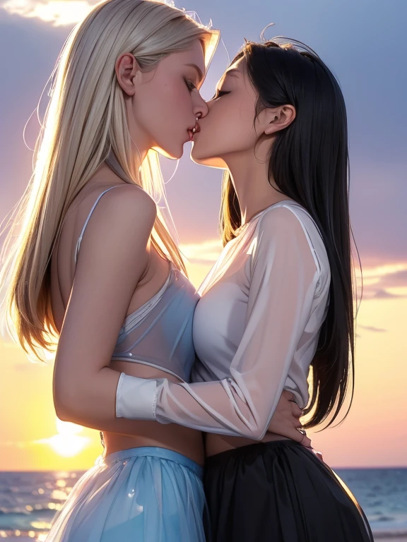 (realistic photo:1.37), Beautiful face profile, Summer sea evening sunset, The sunset is reflected on the sea surface, (Dazzling sunset:1.4, beautiful evening sunset:1.3), 2 womans on the beach, Two beautiful women are about to hug each other's waists and kiss, (Lens Ghosting:1.5, lens flare:1.2, Diamond-shaped lens ghost), (String of saliva:1.2), sensual, (Silky platinum blonde Hair:1.2), (The other one woman ultra Shiny straight black hair:1.3), light pink Moist lips, pale blue eyes, ((Natural backlighting:1.2)), Hand details, finger details, detalhes faciais, ((one girl wears mini skirt and sheer white Summer clothes, The other woman wears a sheer tulle skirt and Sheer tops)), (medium breasts:0.9), (blushing and making a kissy face:1.2), erotic body, (full body view), very beautiful face, blonde girl and Black Hair girl, erotic a look, Perfect Face, Slightly slimmer body, Realistic Skin, 
BREAK. masterpiece, ultra high resolution, high definition RAW photograph, Highly detailed CG, best quality, 4K, perfect anatomy, perfect proportions, Slightly open shirt, Romantic Landscape, Sparkling sea, Accurate limbs, Back blur, 