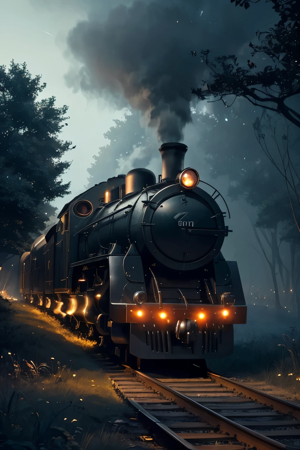 A dark gray steam train with its design being a mix of fantasy and futuristic, the train is passing along a track that has a slight curve at the beginning and passes over a river, trees with dark blue leaves. around the tracks a little far away, a very transparent fog covers the scene, the lawn where the trees are has shades of dark blue, fireflies are lighting up everywhere during dusk, detailed, HDR, Concept Art , ArtStation