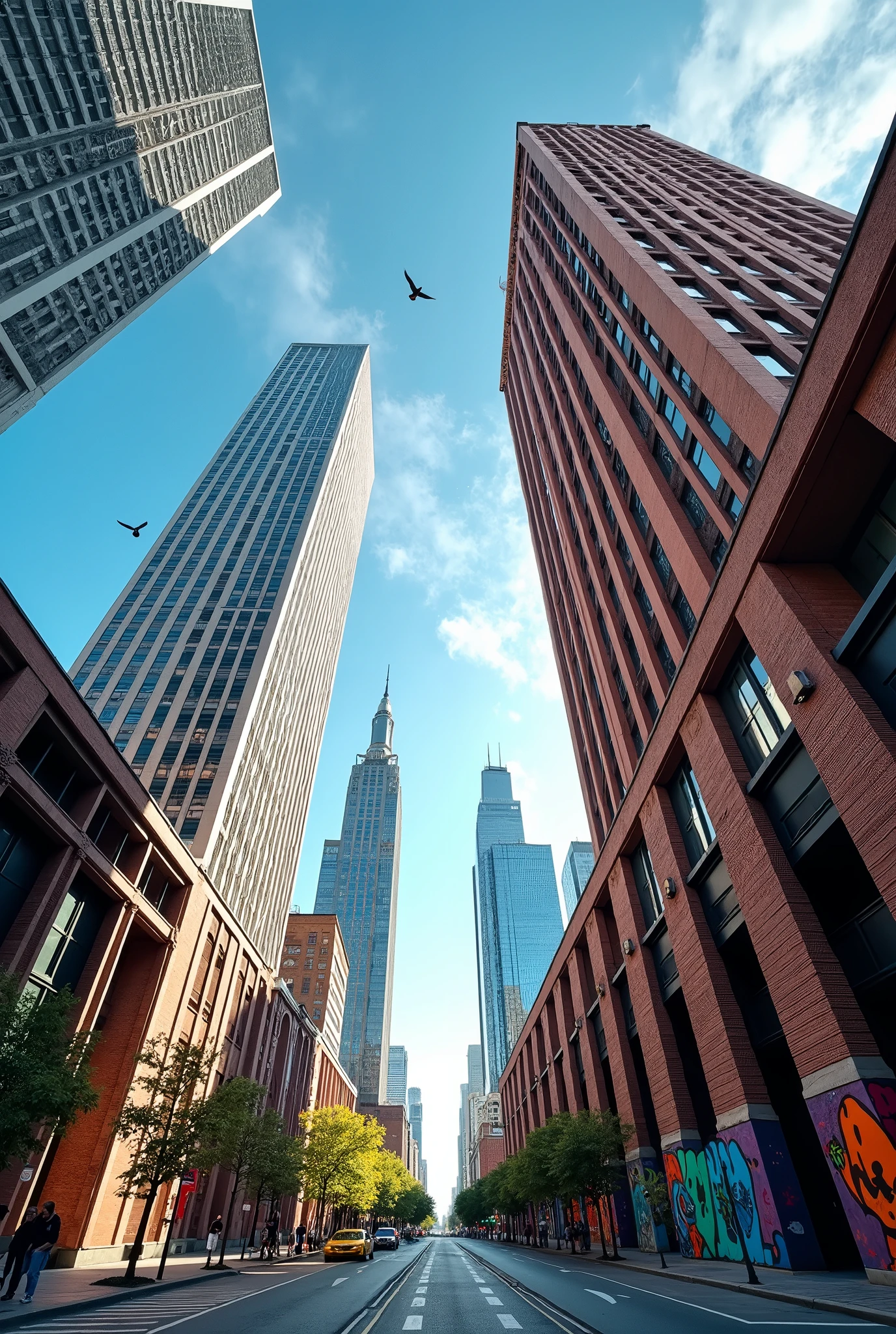 Pov of 3 building from bottom in wide angel
