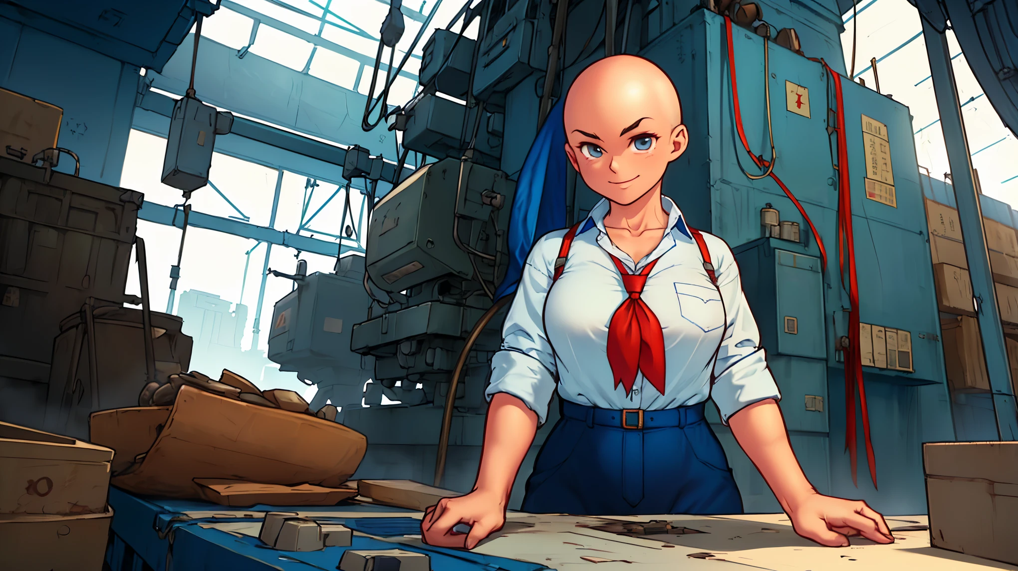 beautiful young bald soviet female pioneer wearing blue button down shirt working with heavy machinery in a factory, girl, ((bald)), tomboy, smile, busty, strong, light blue button down shirt, ((red neckerchief)), ((collarbone)), ((unbuttoned cuffs)), factory, lifting, machinery, detailed, asura, highly detailed shading