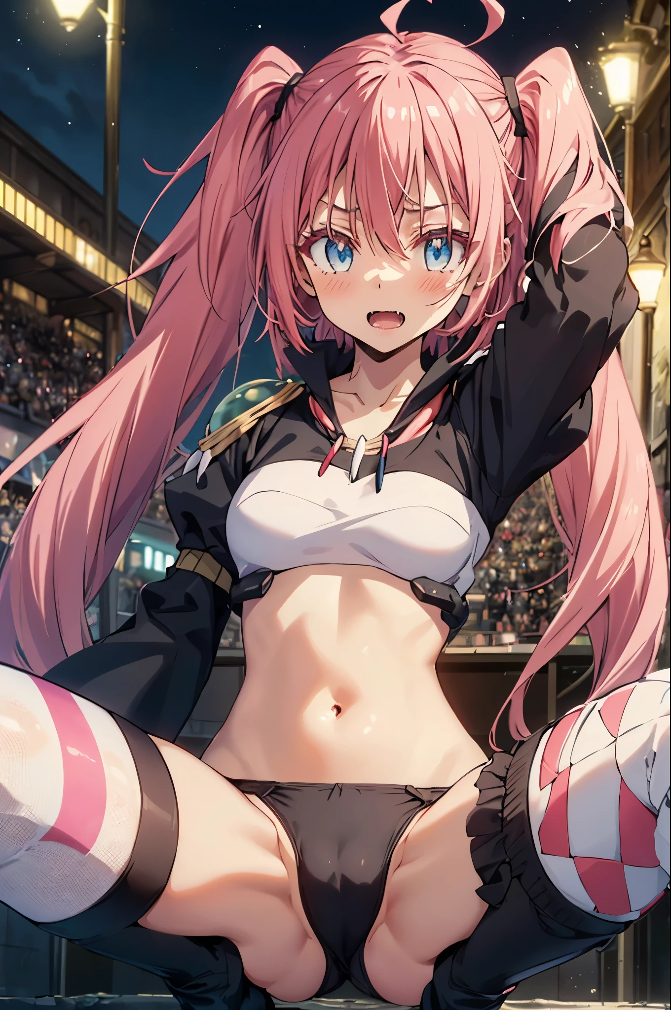 EFT_Tensura_Milim,1girl,pink hair, very long hair, twintail,(black panties,white crop top),black sleeves,hair between eyes, ahoge, blue eyes, looking at viewer, asymmetrical legwear, small breasts, thighhighs, collarbone, single thighhigh, striped, fangs, midriff, (upper body:1.3),open mouth, embarrassed ,blush,spread armpit, arms behind head,(spread legs:1.3),(legs up),(cameltoe:1.3), masterpiece,Noise Reduction,perfect anatomy,high resolution, ultra-detailed, ultra-detailed face,game cg,dutch angle ,beautiful detailed eyes,visualart,five fingers, perfect hands, perfect lighting, sparkling pupils,