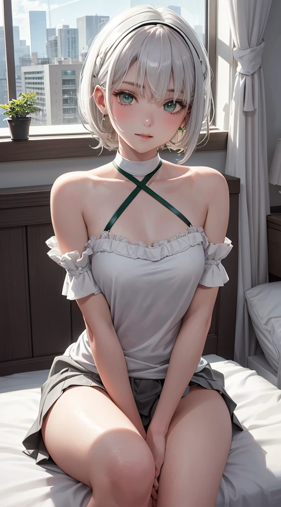 Character Details:, - Gender: 1 Girl. - Style: Anime, - Body Type: Attractive body, nice body, nice legs, slim tights, nice arms, nice shoulders. - Breast: (medium Breast:1.2)- Facial Feature: Beautiful, Gorgeous, ager, Fresh, Young. - Expression: Small smile, Shy Look, emerald green eyes. - Hairstyle: Blunt Bangs. - Hair Color: (White Grey Hair:1.5), (Straight and Wavy Short Hair:1.3), - Clothing: (Girly Shirt, Open Sleeves, Can see shoulder, Girly Skirt:1.6, Stocking.). - Body Pose: (Sitting on bed:1.3), (Hands down).. - Behaviour: Waiting, Want Something, Secretly. - Accessories: Earrings, thin Black Headband, Green Hair Accessories, Environmental Details:, - Setting: Bed Room., - Lighting: Natural Light., - Decoration: Modern Bed, Chair, Window, White Curtain, City View. Top view. pov, anime style, UHD, retina, masterpiece, accurate, anatomically correct, textured skin.