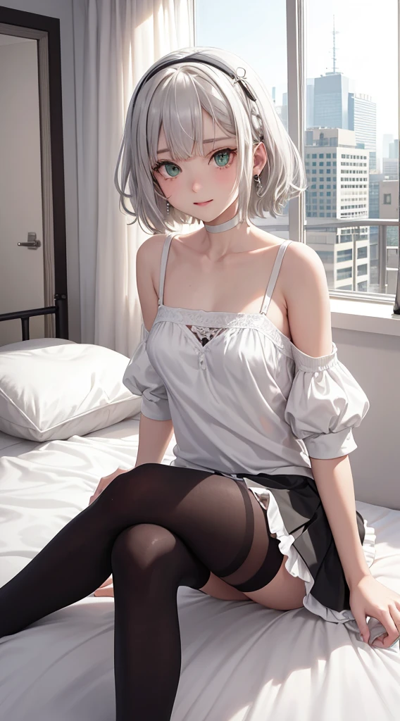 Character Details:, - Gender: 1 Girl.
- Style: Anime, - Body Type: Attractive body, nice body, nice legs, slim tights, nice arms, nice shoulders. - Breast: (medium Breast:1.2)- Facial Feature: Beautiful, Gorgeous, ager, Fresh, Young.
- Expression: Small smile, Shy Look, emerald green eyes. - Hairstyle: Blunt Bangs. - Hair Color: (White Grey Hair:1.5), (Straight and Wavy Short Hair:1.3),
- Clothing: (Girly Shirt, Open Sleeves, Can see shoulder, Girly Skirt:1.6, Stocking.). - Body Pose: (Sitting on bed:1.3), (Hands down).. - Behaviour: Waiting, Want Something, Secretly.
- Accessories: Earrings, thin Black Headband, Green Hair Accessories, Environmental Details:, - Setting: Bed Room., - Lighting: Natural Light., - Decoration: Modern Bed, Chair, Window, White Curtain, City View. Top view. pov, anime style, UHD, retina, masterpiece, accurate, anatomically correct, textured skin.