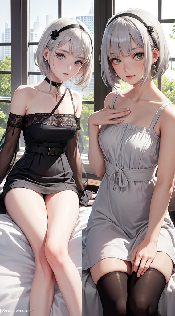 Character Details:, - Gender: 1 Girl. - Style: Anime, - Body Type: Attractive body, nice body, nice legs, slim tights, nice arms, nice shoulders. - Breast: (medium Breast:1.2)- Facial Feature: Beautiful, Gorgeous, Teenager, Fresh, Young. - Expression: Small smile, Shy Look, emerald green eyes. - Hairstyle: Blunt Bangs. - Hair Color: (White Grey Hair:1.5), (Straight and Wavy Short Hair:1.3), - Clothing: (Girly Shirt, Open Sleeves, Can see shoulder, Girly Skirt:1.6, Stocking.). - Body Pose: (Sitting on bed:1.3), (Hands down).. - Behaviour: Waiting, Want Something, Secretly. - Accessories: Earrings, thin Black Headband, Green Hair Accessories, Environmental Details:, - Setting: Bed Room., - Lighting: Natural Light., - Decoration: Modern Bed, Chair, Window, White Curtain, City View. Top view. pov, anime style, UHD, retina, masterpiece, accurate, anatomically correct, textured skin.