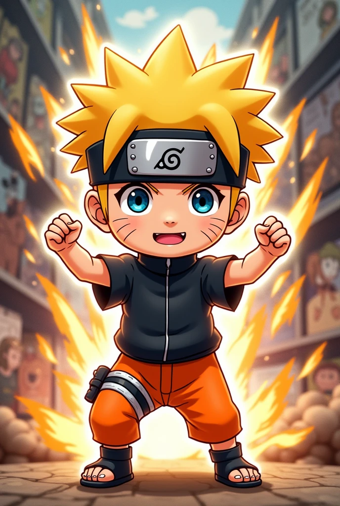 Create hyper-realistic and glossy 8k airbrush image of comic book character like cartoon chibi style, cute and powerful. Naruto character, with orange pent and black tshirt . Without shoes, flexing his justju, and highlighting his immense strength.with Naruto manga background