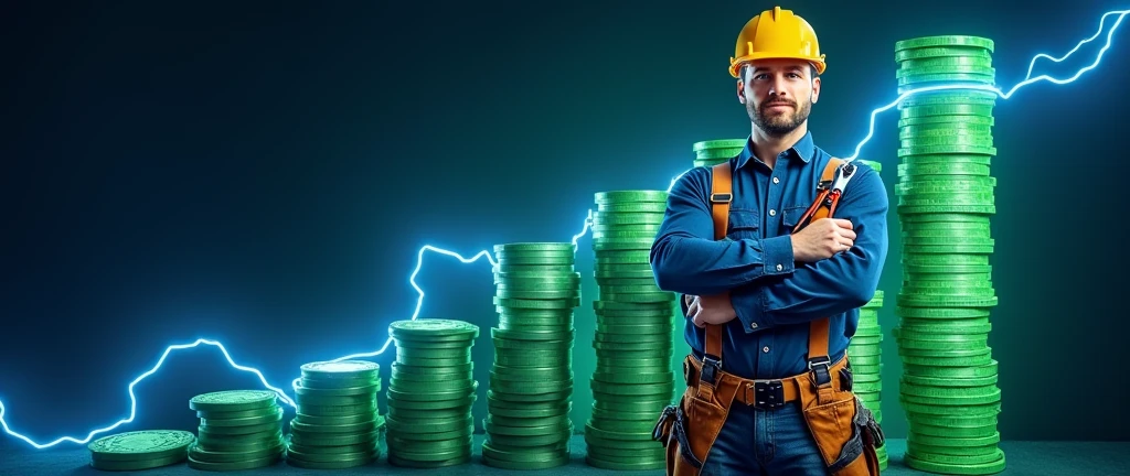Create a YouTube cover image featuring an electrician holding pliers, looking at a graph of stacked money rising. The image should be 1456x423 pixels for a YouTube profile cover.