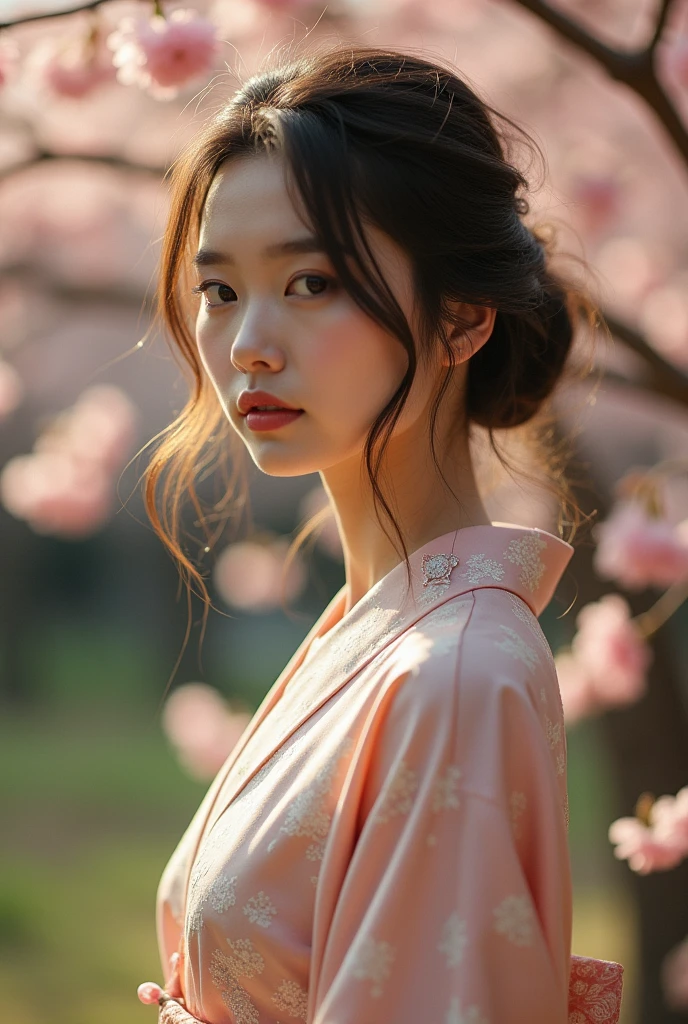 An elegantly dressed Japanese woman in natural light、A close-up of her chest and calm expression.、It shows her inner peace and outer charm.。Back view