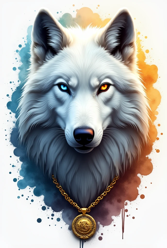 White realistic wolf alpha logo art (((odd-eyes))) With ink splatter sketch effect, looks calm, with gold chain, logo, trading forex,