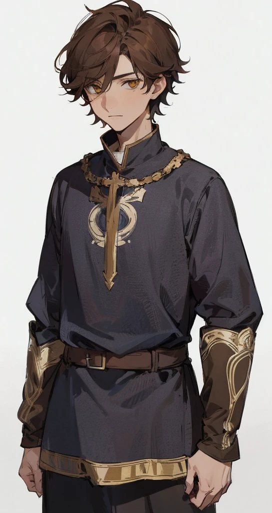 A young man, he is a mage, he wears a medieval tunic, medium hair and brown hair, his eyes are yellow, medieval era,