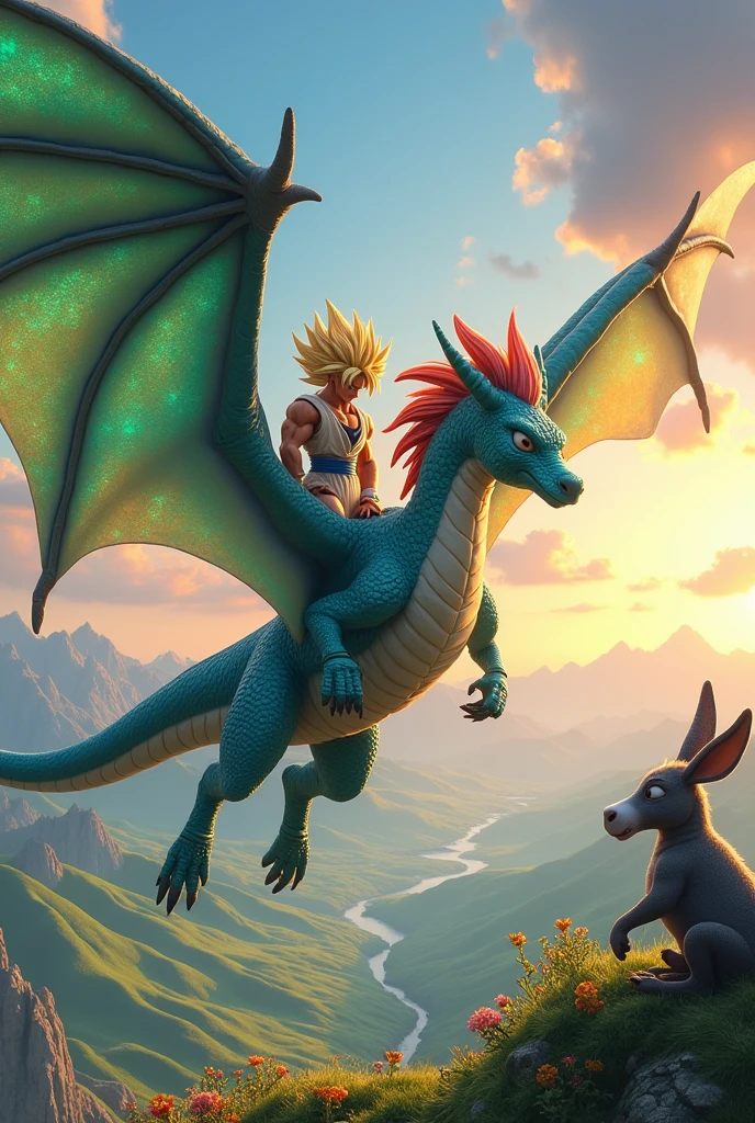 Imagine a very beautiful dragon flying , And on one wing is a 3D Goku Saiyan, And in another wing is a donkey, All this with a beautiful landscape beyond.
