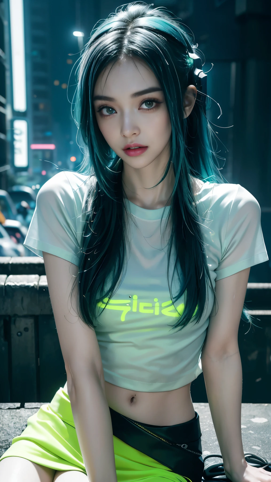 8k, UHD, masterpiece, 1 girl, ((good face)), very long hair, light makeup, (white skin:1.2), detailed eyes, detailed lips, small bust, simple cyberpunk clothing, ((green t-shirt)), ((mini skirt)), (cyberpunk lighting:1.4), ((building)), light effect, light reflection, ((spreading lights)), cyberpunk, cybercity, futuristic, (night), ray tracing, bloom, perfect pose, sitting,