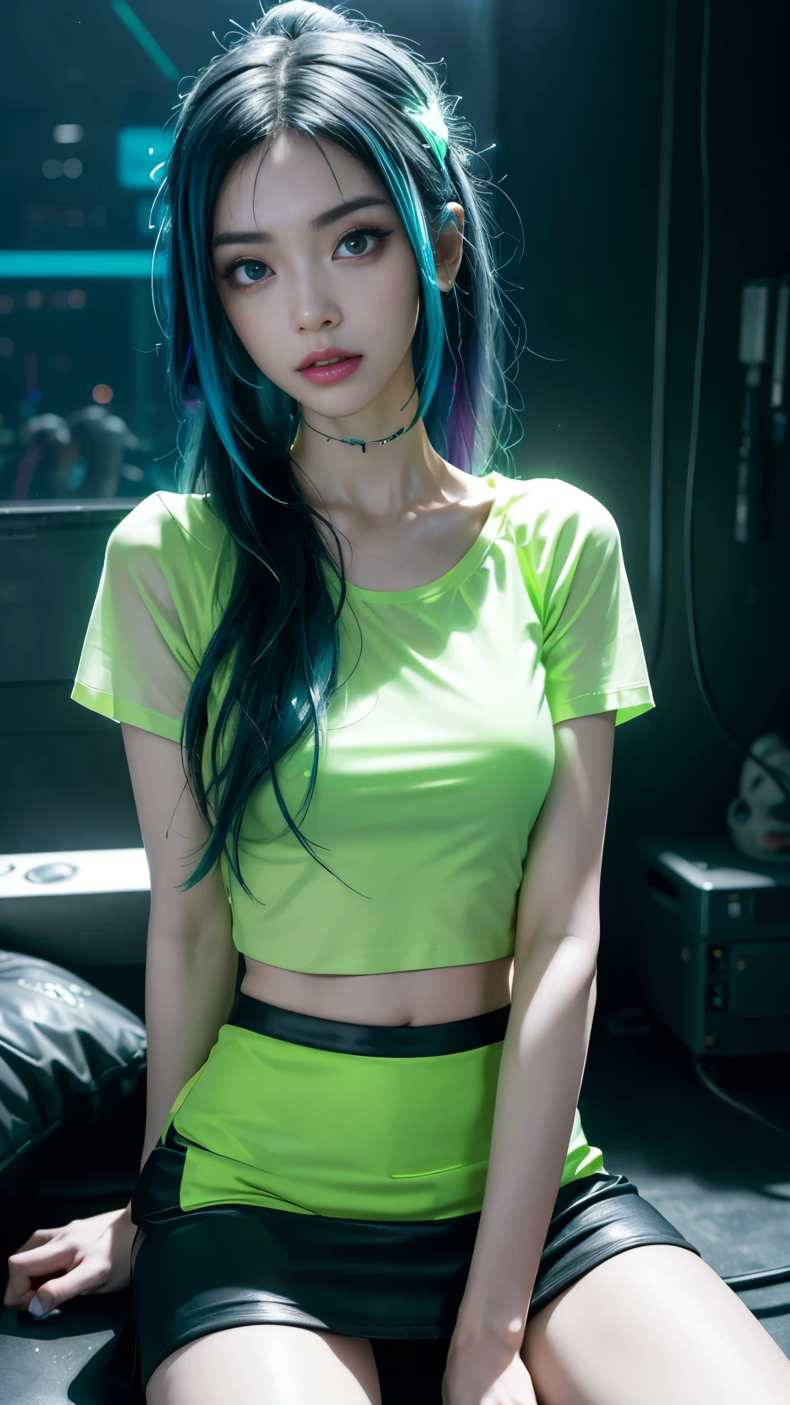 8k, UHD, masterpiece, 1 girl, ((good face)), very long hair, light makeup, (white skin:1.2), detailed eyes, small bust, simple cyberpunk clothing, ((neon green t-shirt)), ((neon mini skirt)), (cyberpunk lighting:1.4), ((building)), light effect, light reflection, cyberpunk, cybercity, futuristic, (night), ray tracing, bloom, perfect pose, sitting,