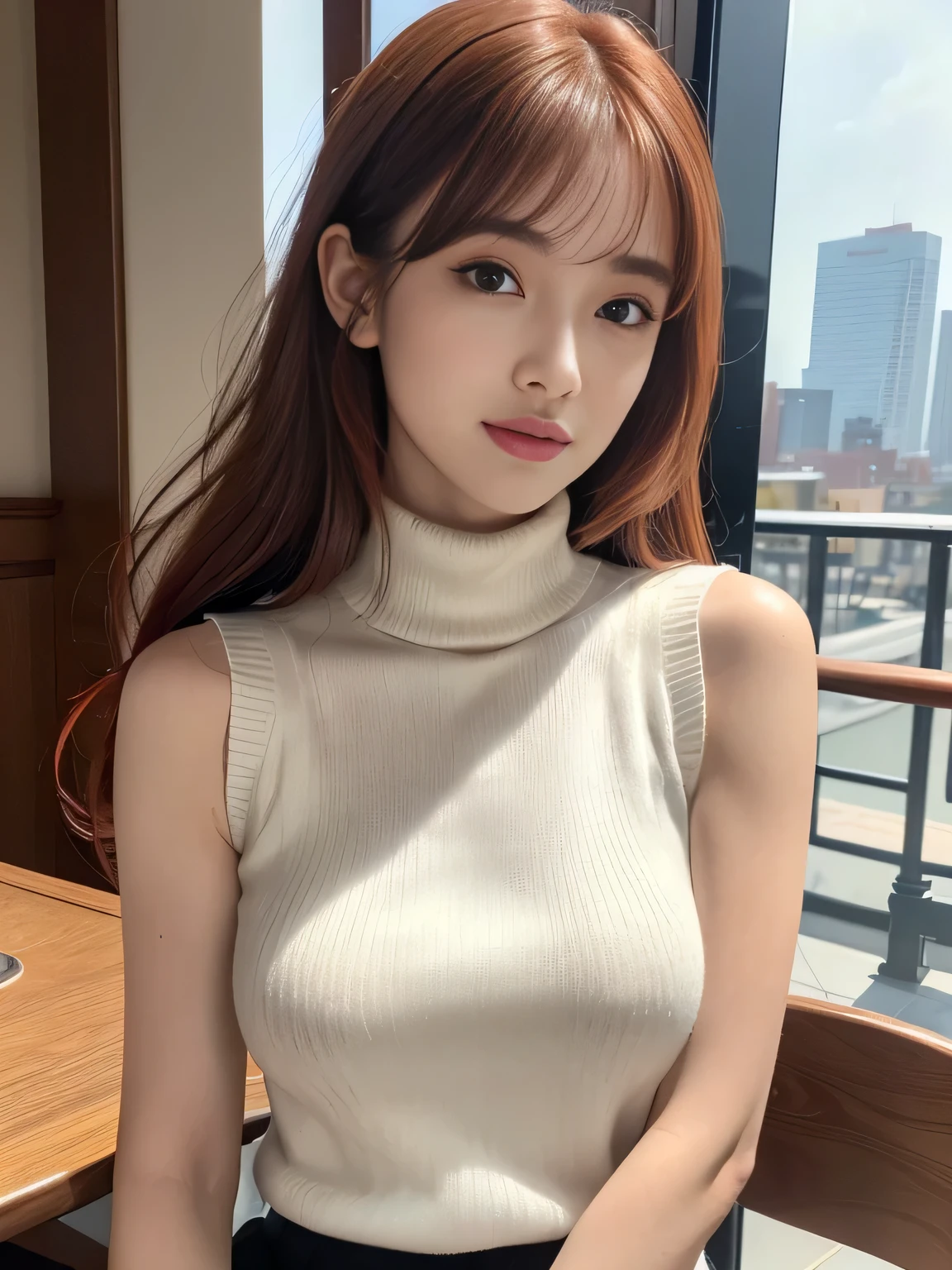 (Masterpiece:1.3), high resolution, Ultra detailed, Extremely detailed Cg Unity, 8K wallpaper, Realistic, photo-realistic, RAW photo, Beautiful detailed face, Pale skin, realistic glittering skin, Detailed cloth texture, Detailed hair texture, Perfect body, Beautiful face, Accurate, Anatomically correct, Highly detailed face and skin texture, 
Detailed eyes, symetrical eyes, Light brown eyes, Double eyelids, Thin eyebrows, (Sexy lips:1.3), (Glossy lips:1.4), 
(Elegant and cute Japanese:1.3), ((Wear a sleeveless turtleneck halterneck sweater:1.3)), (Pleated skirt:1.2), Slender figure, (Slightly opened mouth:1.2), (Smile:1.1), (Red hair, bangs:1.2), 
(Sit opposite, open cafe terrace:1.2), (focus onface:1.2), (Cowboy shot), view the viewer,