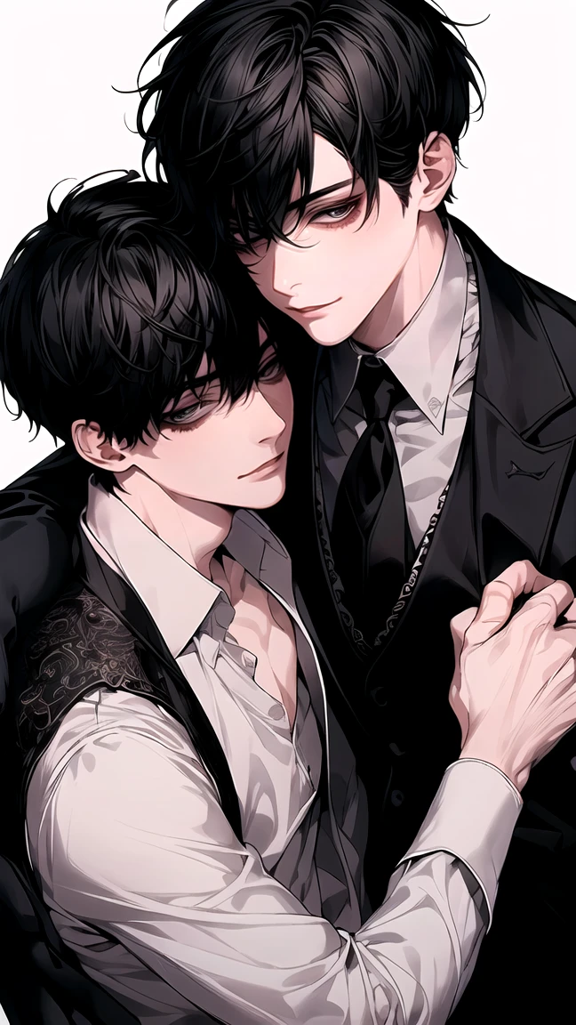 (Masterpiece), (High Quality), Very detailed, (( Threesome guy)), Perfect Face, Beautiful Face, Very detail, (short Black-haired man), (short white-haired man), open shirt and black suit, hug each other, stained blood, long eyelashes, shining, effection, open shirt, teased,