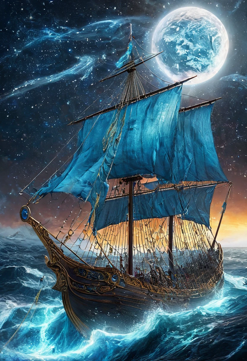 a fantastic interpretation of a flat earth, a boundless ocean cascading from the edge of the earth, or three Scandinavian longships at the stern, the bow with a dragon's head are on the precipice, diving over the ledge gargantuan ship of the world, a unique Viking shipsquare veil losing its battle begins to sink and confides to Odin, a brightly lit celestial environment with countless stars twinkling in golden and silver hues, blue color palette nuanced with deep, intricate golden hues and intricate details,complementary colors to enhance the fantastic atmosphere, incredibly realistic and immersive splash screen, 8k resolution