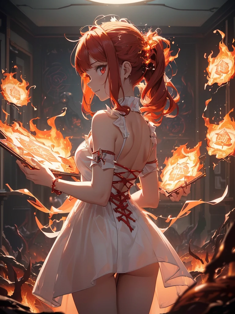 (((best quality, sharp image, clear image, cinematic lighting, 8k resolution, masterpiece, ultra detailed, intricate))) Girl, (((looking over right shoulder))), (shot from behind), ((half shot)), fiery red hair, pigtails, (white dress), ((flaming sigils, flaming runes)), spiky rock formations, (flaming lotus flowers frame), (intricate background), (((translucent fire))), (swirling flames), smiling