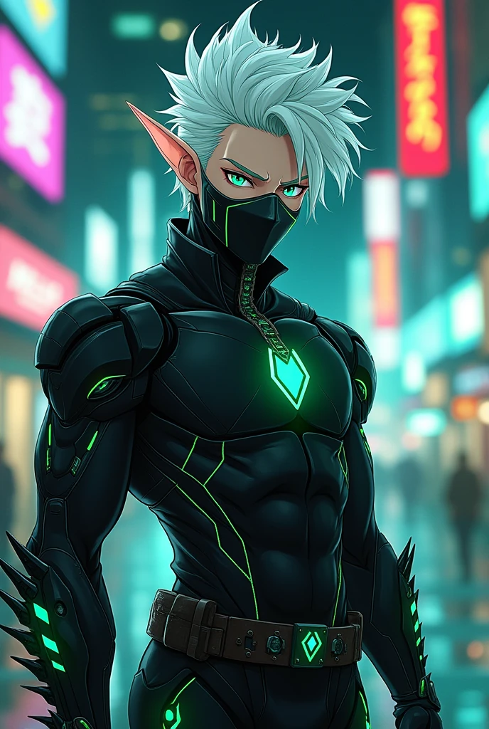 White hair spiked up, greeneyes, Black mask covering the mouth and nose with green details, Technological clothes with green details, he has muscles full body picture. anime dash