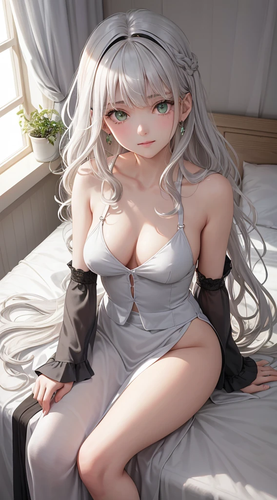 Character Details:, - Gender: 1 Girl.
- Style: Anime, - Body Type: Attractive body, nice body, nice legs, slim tights, nice arms, nice shoulders. - Breast: (medium Breast:1.2)- Facial Feature: Beautiful, Gorgeous, ager, Fresh, Young.
- Expression: Small smile, Shy Look, emerald green eyes. - Hairstyle: Blunt Bangs. - Hair Color: (White Grey Hair:1.5), (Straight and Wavy Long Hair:1.3),
- Clothing: (Luxury Shirt, Open Sleeves, Can see shoulder, Skirt:1.6, Stocking.). - Body Pose: (Sitting on bed:1.3), (Hands down).. - Behaviour: Waiting, Want Something, Secretly.
- Accessories: Earrings, thin Black Headband, Green Hair Accessories, Environmental Details:, - Setting: Bed Room., - Lighting: Natural Light., - Decoration: Modern Bed, Chair, Window, White Curtain, City View. Top view. pov, anime style, UHD, retina, masterpiece, accurate, anatomically correct, textured skin.
