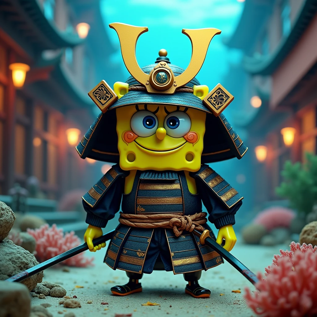 a professional spongebob samurai (best quality,4k,8k,highres,masterpiece:1.2),ultra-detailed,(realistic,photorealistic,photo-realistic:1.37),HDR,UHD,studio lighting,ultra-fine painting,sharp focus,physically-based rendering,extreme detail description,professional,vivid colors,bokeh,action sports,adrenaline rush,motion blur effect,dynamic composition,dramatic lighting,gritty aesthetic