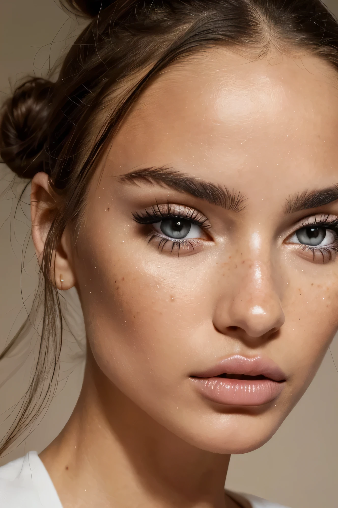 A close-up of a beautiful woman's face, Focus on his little mole, imperfect skin, beautiful eyes, Smooth lips, hair in a bun, shallow depth of field, Macro-Lens, hyper-realistic, crystal clear image, sharp, imperfect hair