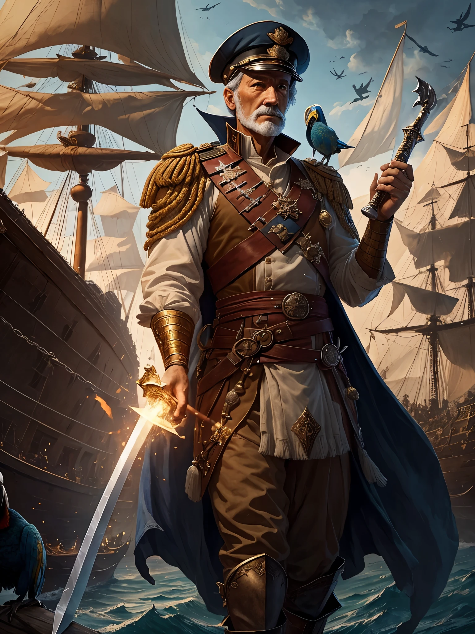 An admiral, with a ghost sword in his hand and a ship full of holes behind him. With a wooden leg and a macaw on his shoulder.