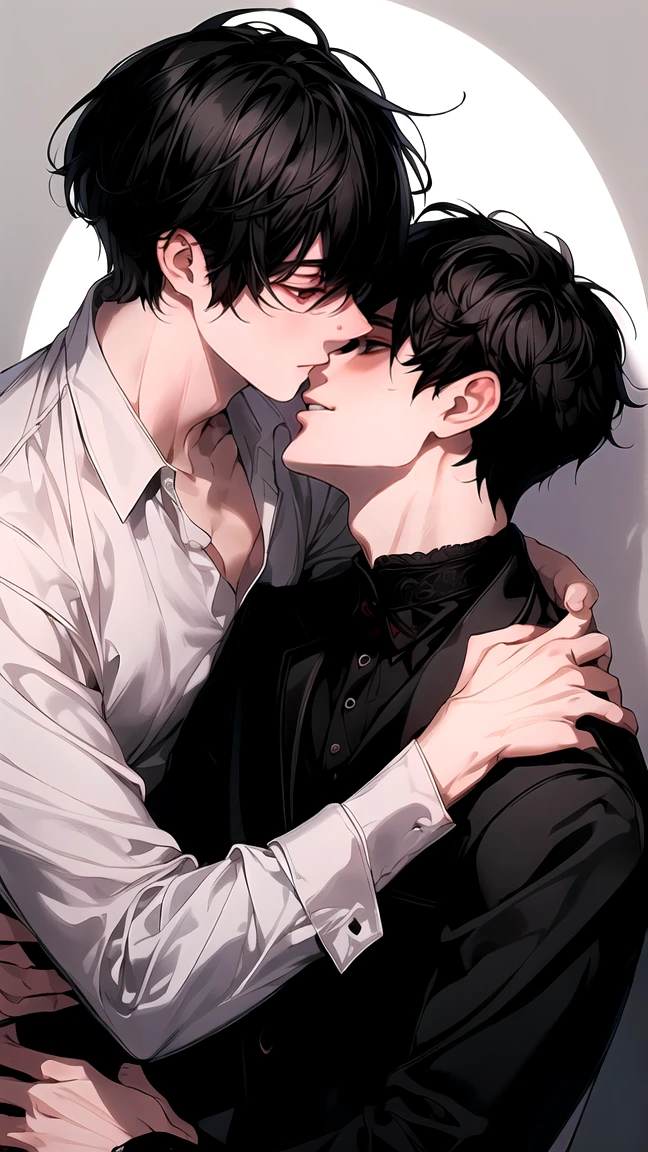 (Masterpiece), (High Quality), Very detailed, (( Threesome guy)), Perfect Face, Beautiful Face, Very detail, (short Black-haired man), (short white-haired man), open shirt and black suit, hug each other, stained blood, long eyelashes, shining, effection, red, teased,