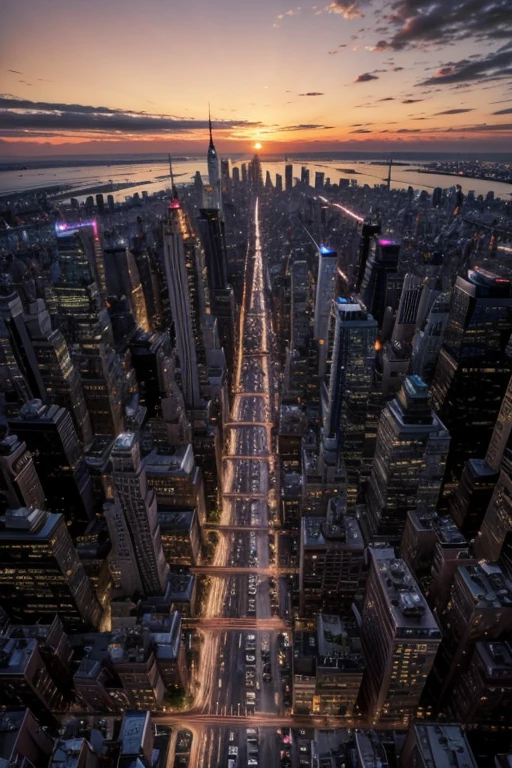 EXT. NEW YORK - TWILIGHT New York City lights up as the sun sets, Painting the sky orange and pink. Traffic is heavy on the streets below, and the excitement is palpable.