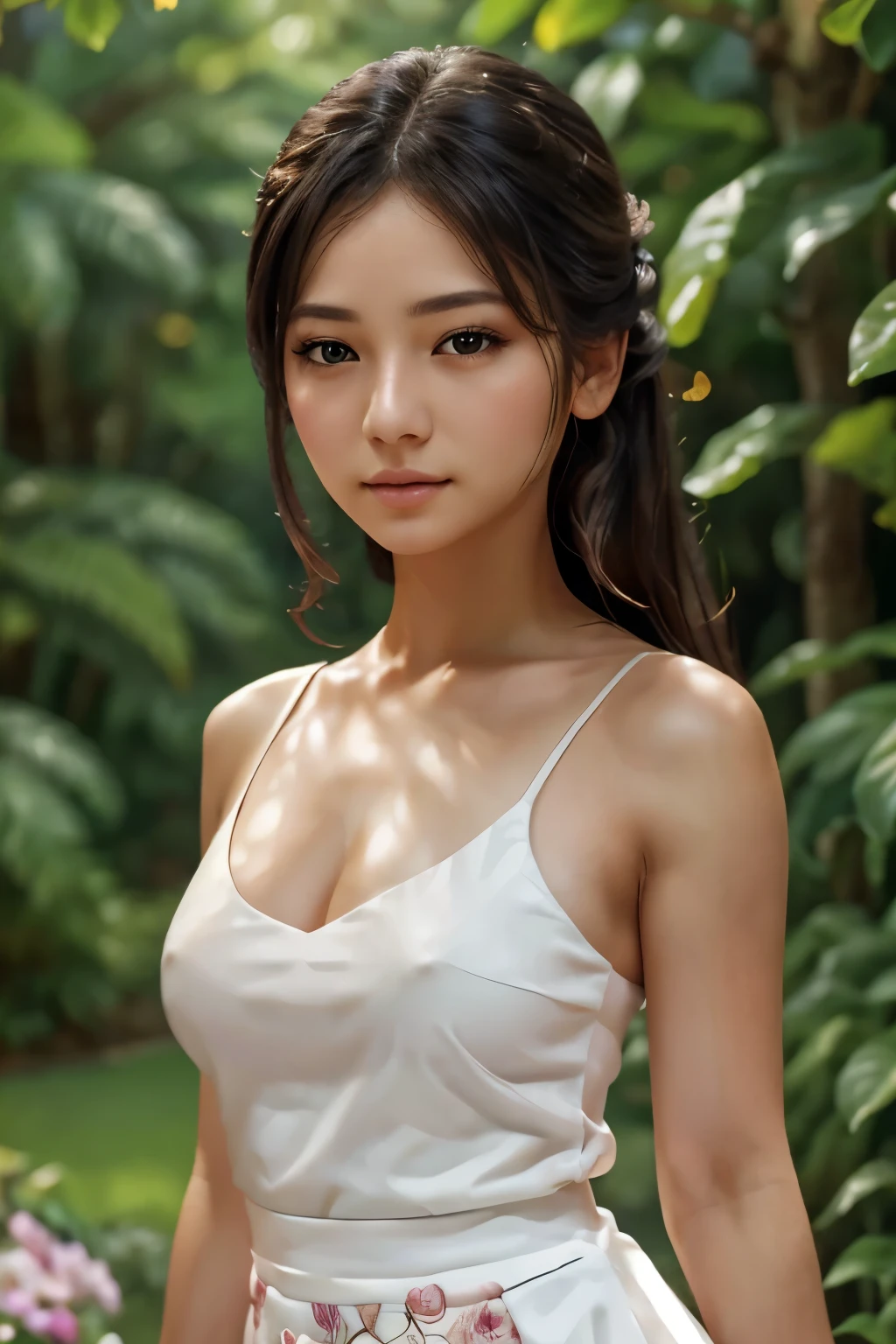 a woman,1girl,beautiful detailed eyes,beautiful detailed lips,extremely detailed eyes and face,long eyelashes,beautiful woman in a garden,elegant,graceful,serene expression,soft lighting,vibrant colors,lush foliage,ornate floral dress,flowing hair,hyper realistic,8k,photorealistic,masterpiece,professional digital art