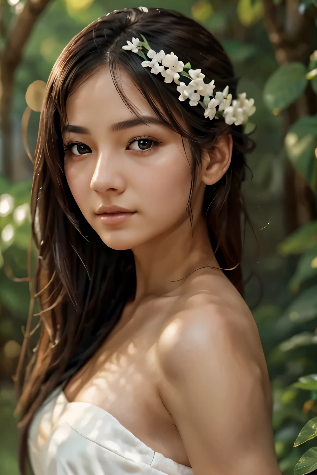 a woman,1girl,beautiful detailed eyes,beautiful detailed lips,extremely detailed eyes and face,long eyelashes,beautiful woman in a garden,elegant,graceful,serene expression,soft lighting,vibrant colors,lush foliage,ornate floral dress,flowing hair,hyper realistic,8k,photorealistic,masterpiece,professional digital art