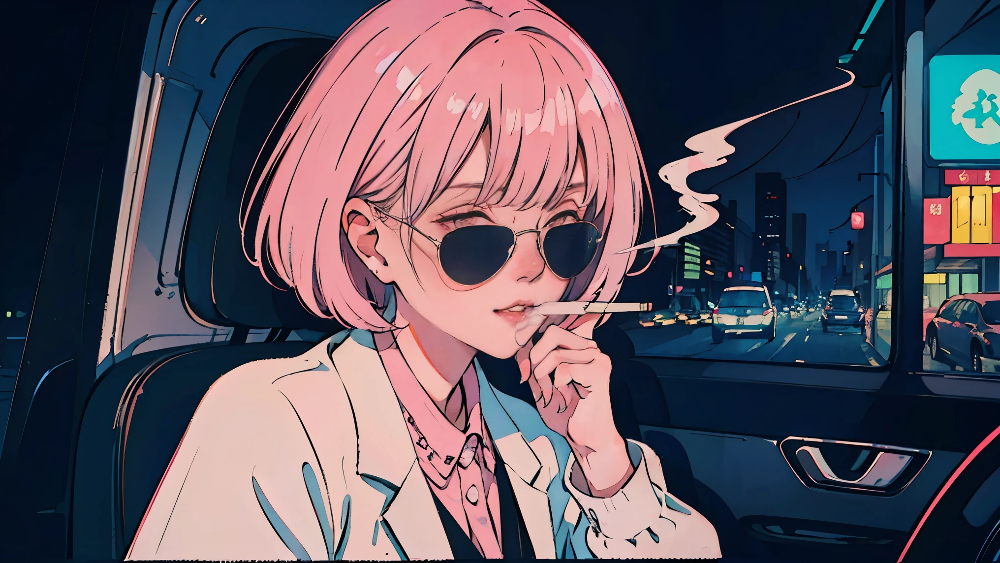 Asian beauty with pink hair riding in car at night, through window, perfect face, sunglasses, smoking white tailor-made cigarette, neo-noir, (after backlight correction: 1.1), hard shadow, masterpiece, top quality, , model shoot style, vintage, film grain, perfect details,city pop