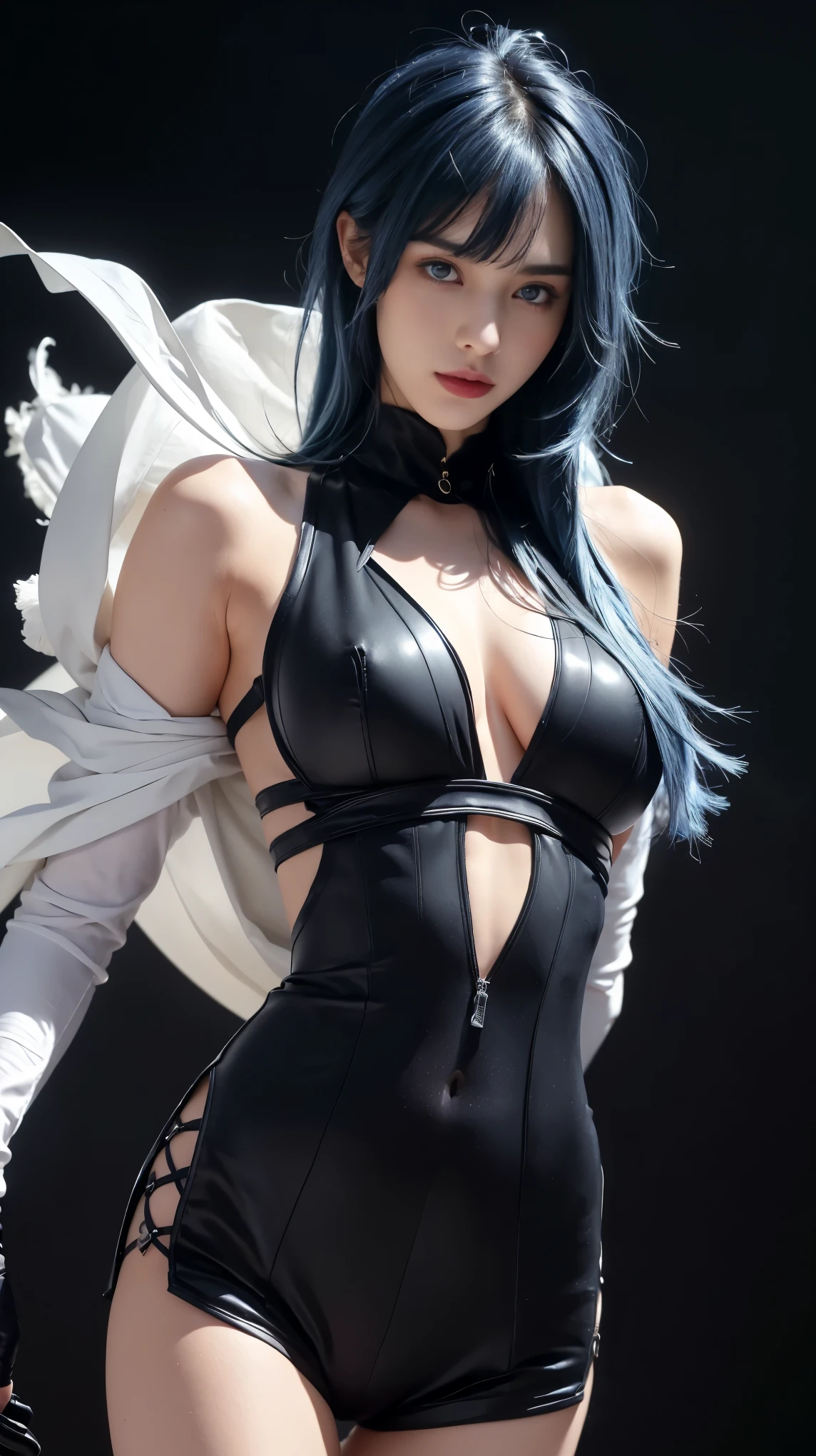 8K, Top Quality, Intricate Details, Ultra Detail, Ultra High Resolution, Masterpiece, (, portrait), ((close up shot, face shot, close up shot, portrait, face shot, passport shot, very close up shot, )), (full body: 1.1), Slender, Smile, (Makeup: 0.4), ((sexy pose,)), (Fluffy blue Eyes: 1.21), (()), 1girl, solo, 1 girl, ((bangs, blue hair, bangs, , bangs )), close up shot, , ((tall)), (((fit body))), (((slim face))), sharp face, ((, wind blow hair, )),skin tight suits, ((,bare shoulder, skin tight suits,) ,skin tight suits, (detailed face), sharp face, small lips, perfect hands, ((walking pose, walk pose)) , ((,walk pose, walking pose ,)), , ((cleavage, ,)),, detailed face, detailed breast,, huge breast , (()), detail ass, Narrow Waist, Skinny, tall , 175 cm tall, Muscular, Navel, Exposed Abdomen, Pointed Chest,, Beautiful girl with accentuated slender abs: 1.4, Six Pack Abs: 1.4, Bust Botox, Big, Perfect Body, detail leg, (( dark background)), black background,