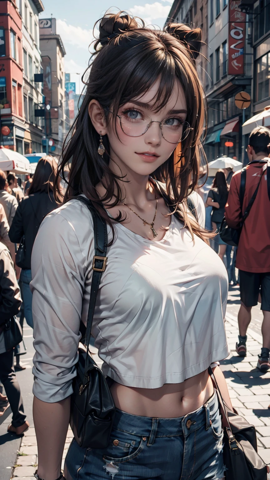 (masterpiece:1.2, Highest quality), 1 Female, alone, Upper Body, Big Breasts, A chic and edgy leather jacket、Style it with a classic white tee and distressed jeans.。With minimal makeup and a loose bun、Creates confidence and ease。 (Music festivals and trendy downtown neighborhoods) Eye-catching sunglasses and chunky jewelry, Comes with a convenient crossbody bag