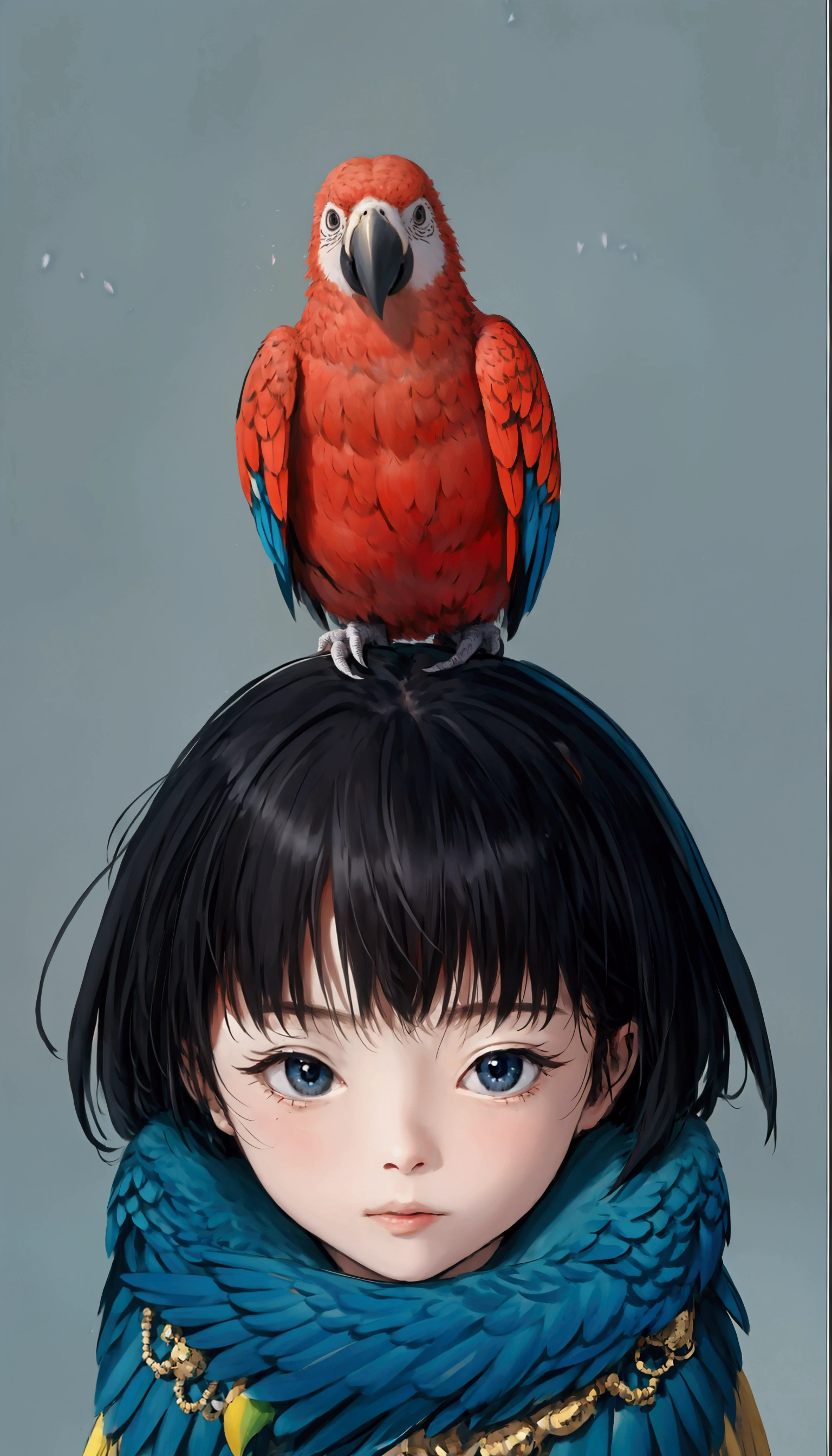 Masterpiece、Highest quality、A parrot is perched on my head.。scenery、Urban hustle and bustle、